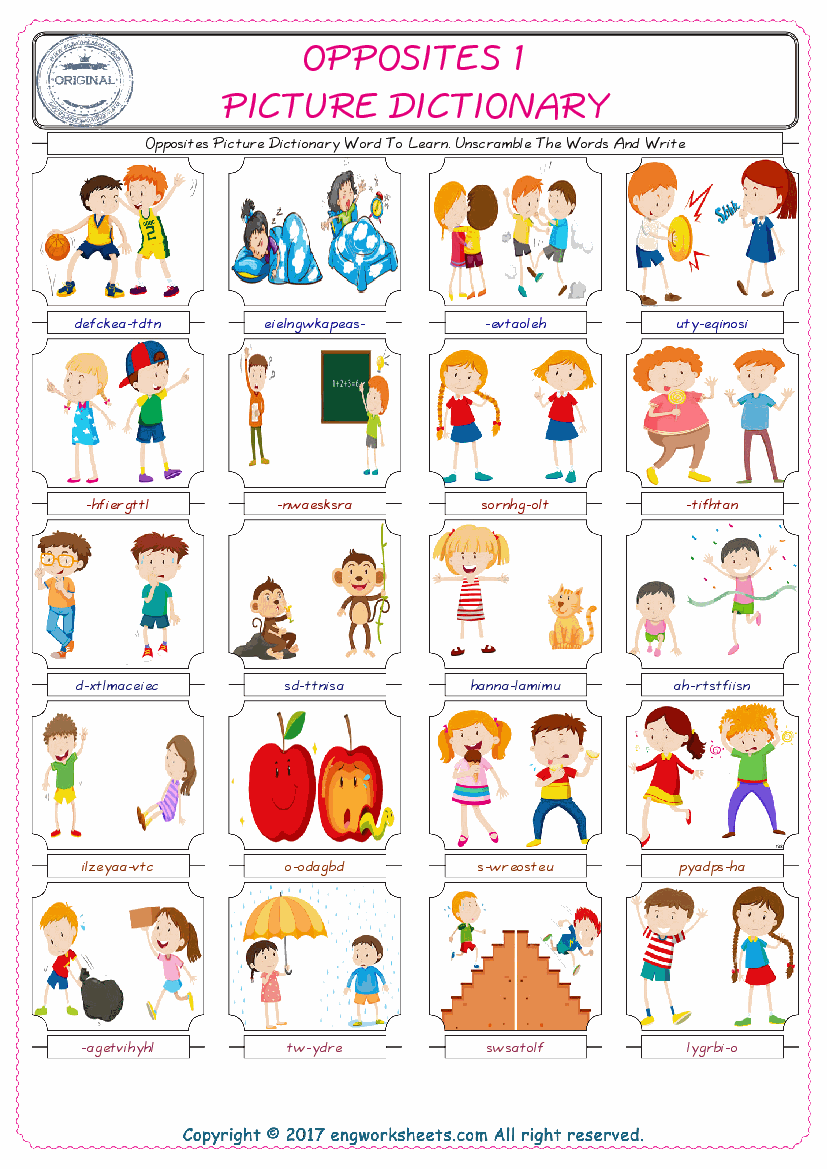  Opposites ESL Worksheets For kids, the exercise worksheet of finding the words given complexly and supplying the correct one. 